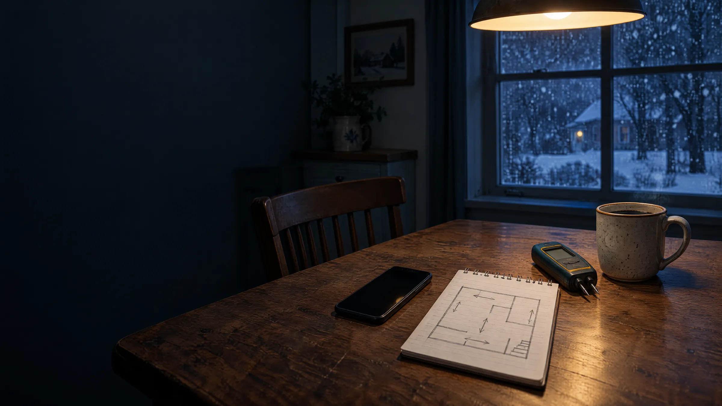 Kitchen table with a phone, a sketched floor plan, a moisture meter and coffee on a snowy evening