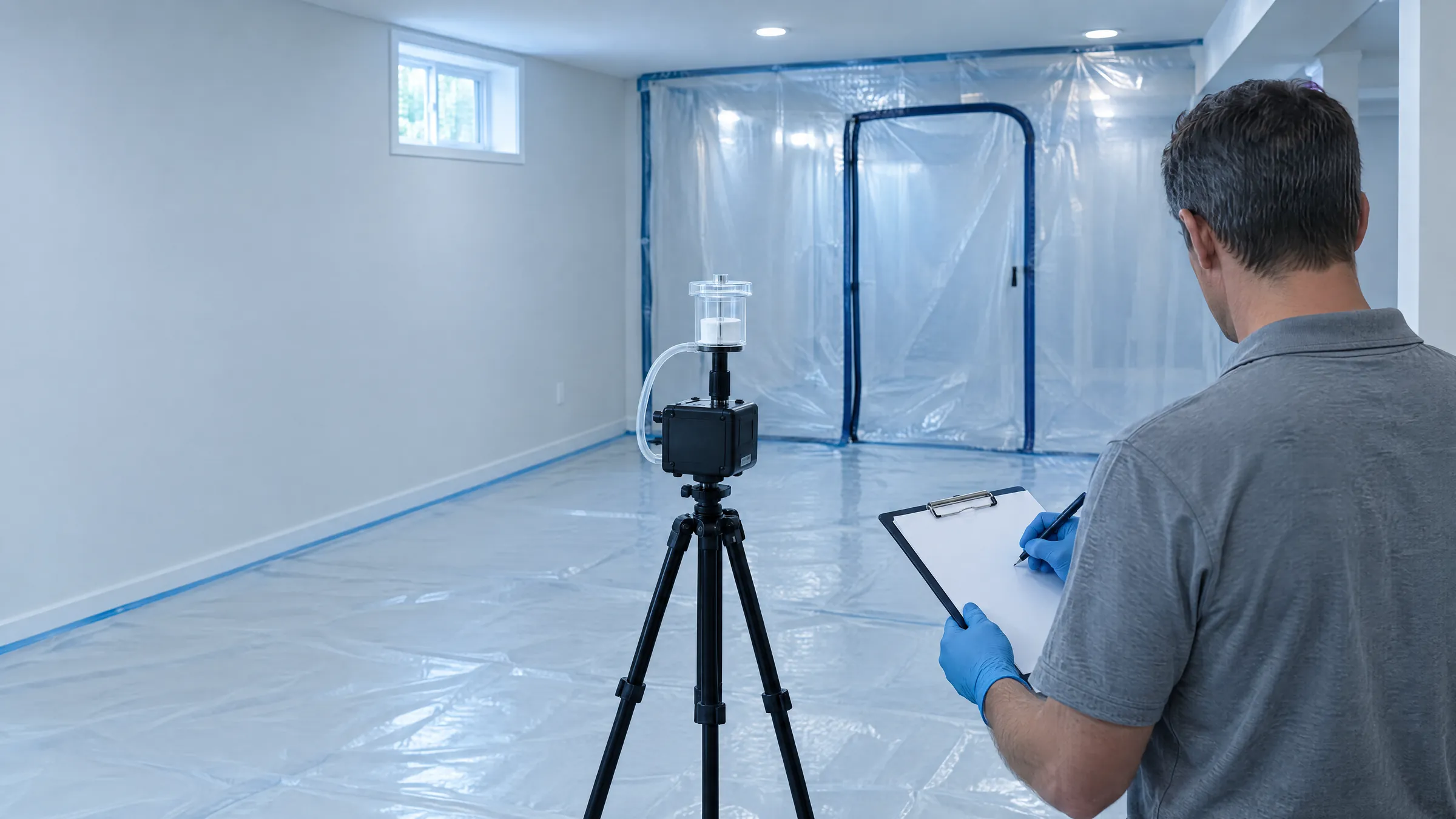 Illustration of a technician with a clipboard beside an air sampling pump on a tripod in a cleaned basement, with plastic containment and a zip door behind, set up for a clearance test